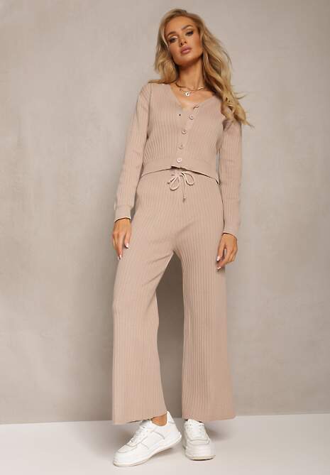 Set bej trei piese cu top scurt cardigan cu legare și pantaloni lungi cu imprimeu nisip 4