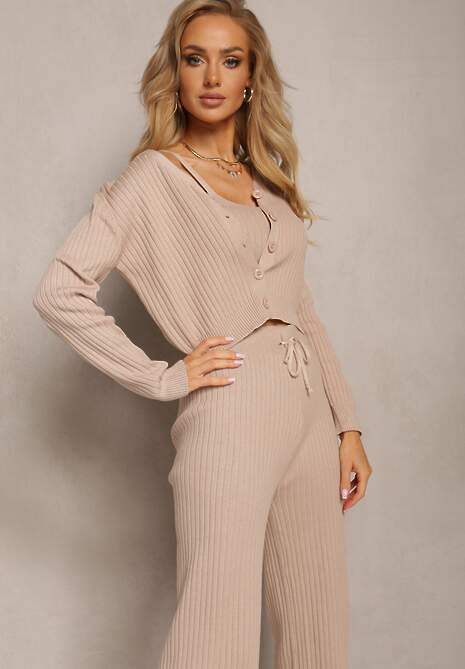 Set bej trei piese cu top scurt cardigan cu legare și pantaloni lungi cu imprimeu nisip 5