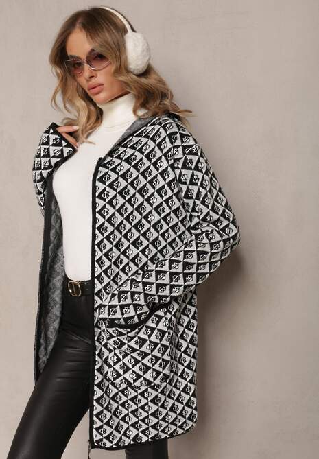 Cardigan Alb-Negru cu Fermoar și Buzunare cu Model Geometric Jaquelineme 4