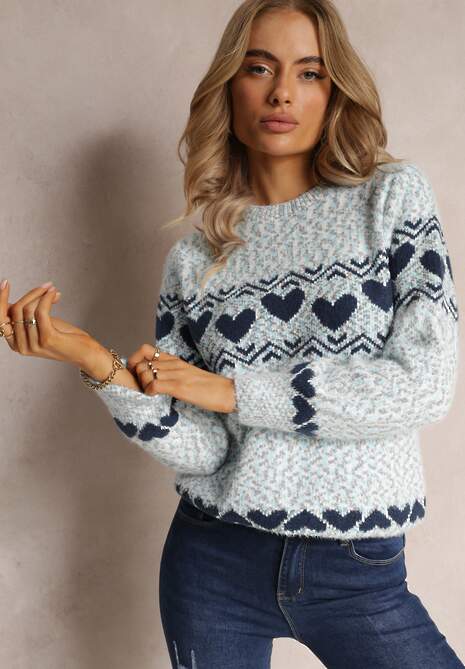 Niebieski Sweter Dzianinowy w Ozdobne Serca Vivianeme 4