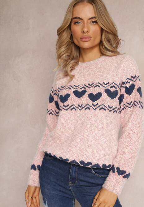 Różowy Sweter Dzianinowy w Ozdobne Serca Vivianeme 4