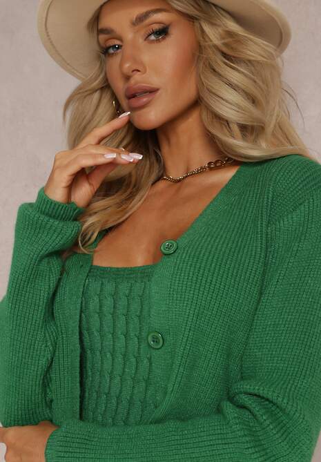 Set Verde din Tricot din 2 Piese Cardigan și Rochie Midi Liomina 5
