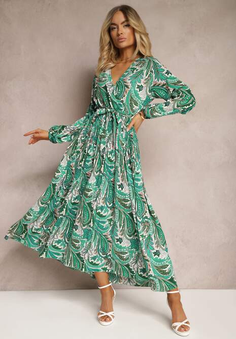 Zielona Plisowana Sukienka z Kopertowym Dekoltem i Wzorem Paisley Olanetta