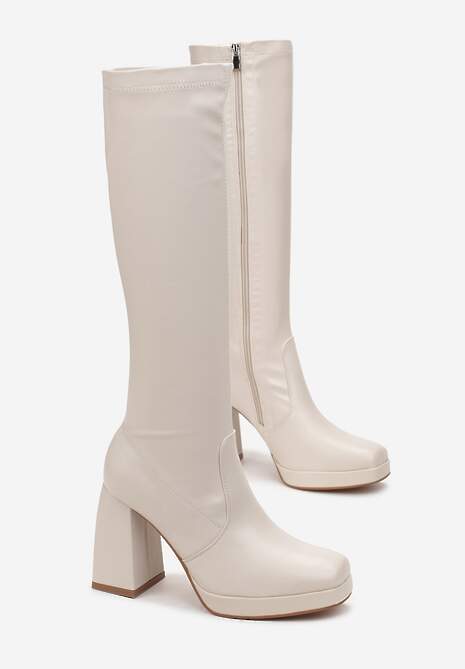 Beżowe Dopasowane Kozaki na Słupku z Platformą Abronie 4