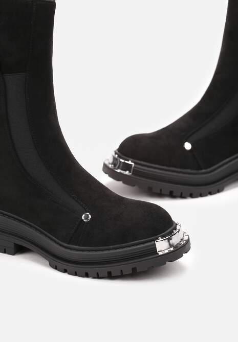 Czarne Botki z Protektorem na Grubej Podeszwie z Metaliczną Ozdobą i Suwakiem Nerikalyn 5