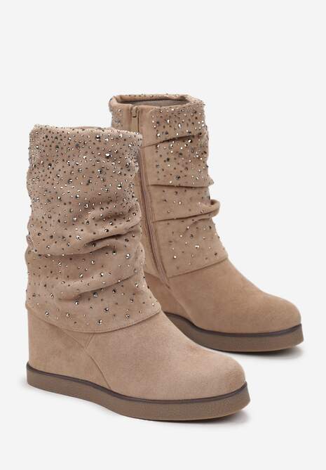 Botine bej închis pe platformă cu pliuri decorative și zirconii Shalhou 4