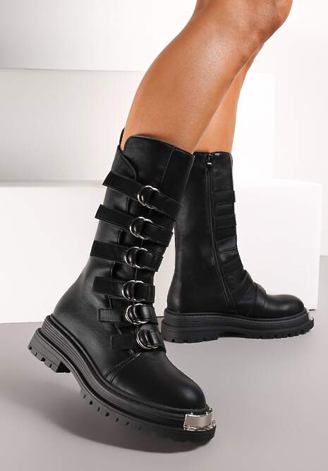 Botine Negre Plate Talpă Groasă Fermoar Curele Ajustabile Rimske