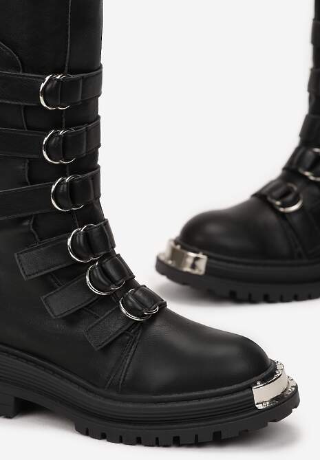 Botine Negre Plate Talpă Groasă Fermoar Curele Ajustabile Rimske 5