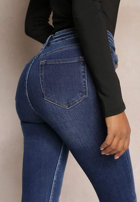 Granatowe Jeansy Regular Waist o Fasonie Skinny na Guzik i Suwak Chanessa 5