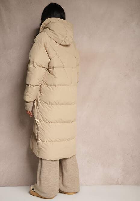Beżowa Długa Kurtka Pikowana z Kapturem Serea 4