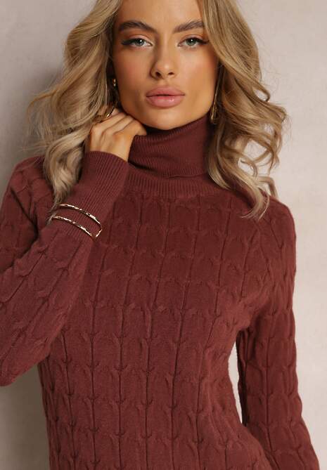 Rochie midi maro din tricot tip pulover cu guler la baza gâtului și șnururi Antonime 5