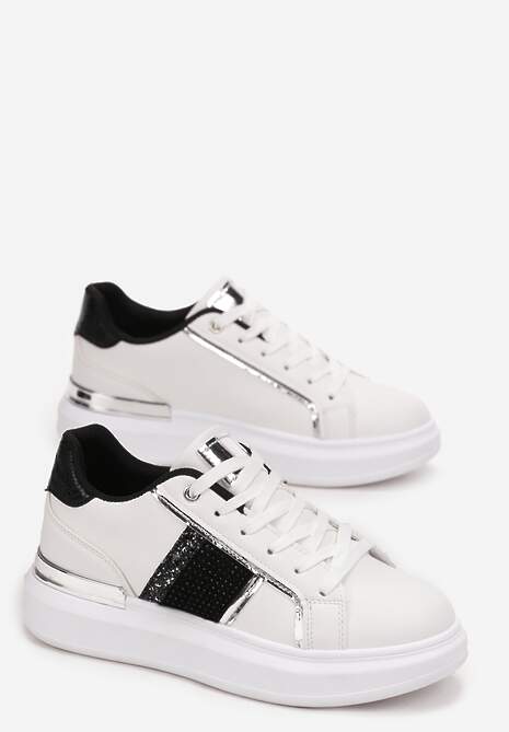 Sneakerși Alb-Negru cu Șireturi pe Talpă Groasă Plată cu Inserții Metalice și Zirconiu Shiorina 4