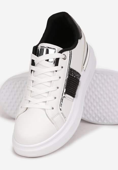 Sneakerși Alb-Negru cu Șireturi pe Talpă Groasă Plată cu Inserții Metalice și Zirconiu Shiorina 5