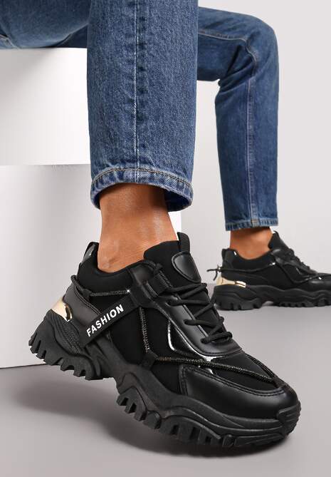 Czarne Sznurowane Sneakersy z Ozdobnym Paskiem i Metalicznymi Wstawkami Asterella