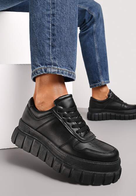 Czarne Sneakersy z Imitacji Skóry Sznurowane na Grubej Podeszwie Lidianda