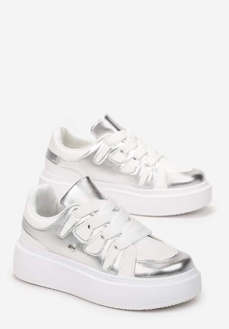 Biało-Srebrne Sneakersy na Platformie z Szerokim Sznurowaniem Aklilu 4