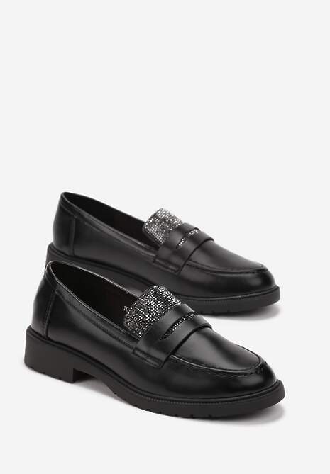 Mocasini Negri Slip-On cu Toc Jos și Pietre Semretta 4