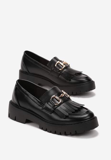 Czarne Wsuwane Mokasyny na Płaskiej Grubej Podeszwie z Frędzlami i Metalową Wstawką Lujana 4