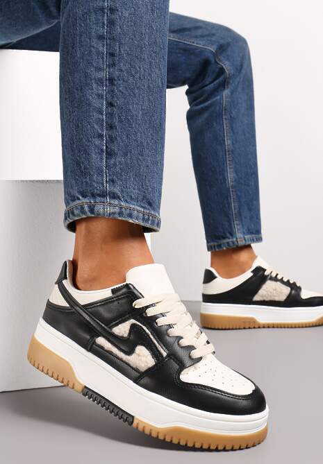Czarno-Białe Sneakersy z Imitacji Skóry ze Wstawkami z Futerka Vaelisa