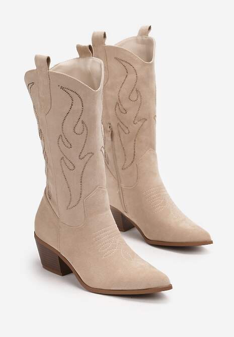 Beżowe Kowbojki Kozaki na Niskim Słupku z Cyrkoniami Unarae 4