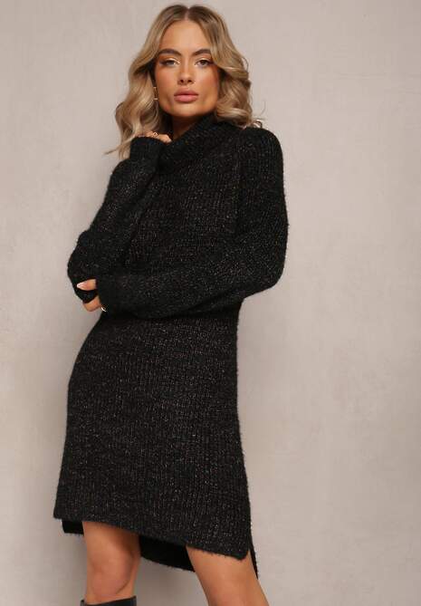 Czarna Dzianinowa Sweterkowa Sukienka Mini z Golfem i Długim Rękawem Wivara