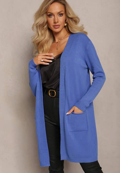 Bleumarin Cardigan Lung Fara Inchidere cu Buzunare Aine 5