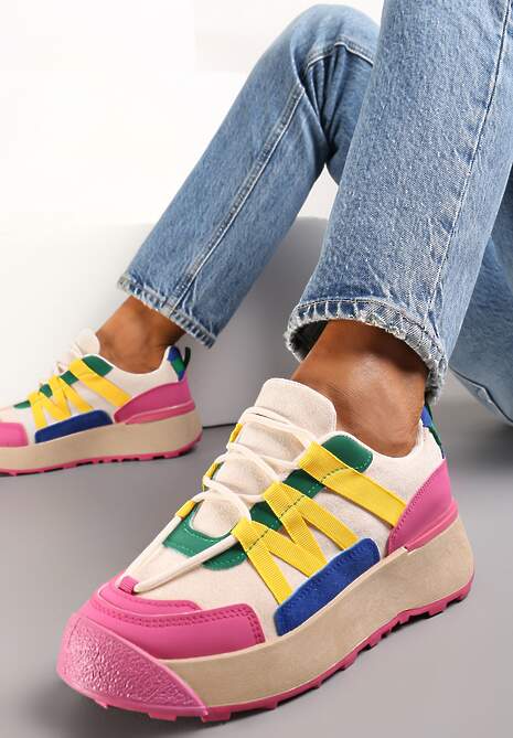 Fuksjowe Sznurowane Płaskie Sneakersy z Kolorowymi Wstawkami z Ekoskóry Wonise