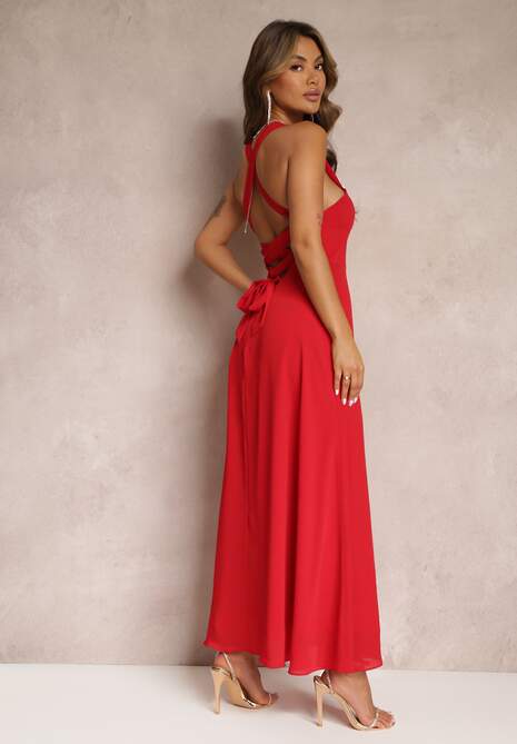 Rochie de Cocktail Roșie Cloș Malori cu Spatele Gol 6