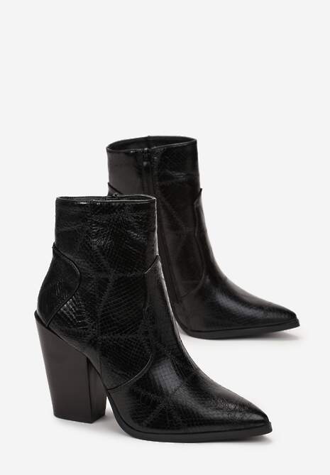 Czarne Botki Kowbojki na Słupku z Imitacją Skóry Węża Prailea 4