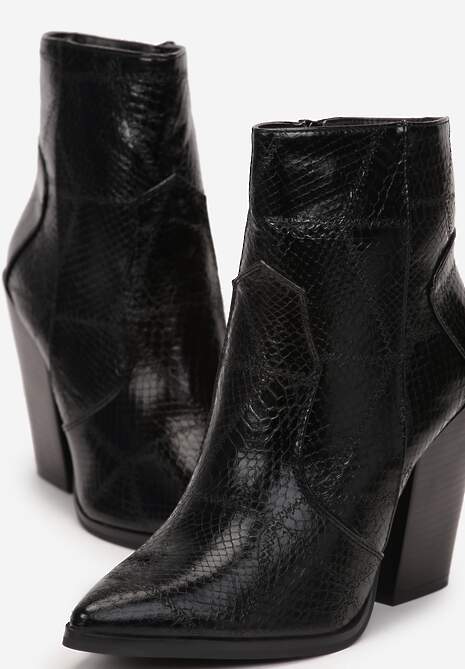 Czarne Botki Kowbojki na Słupku z Imitacją Skóry Węża Prailea 5