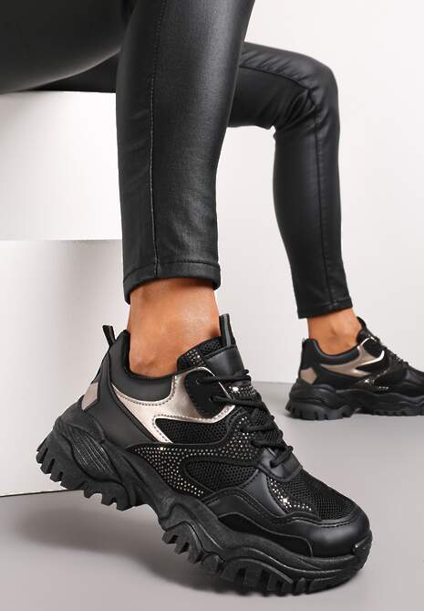 Sneakers Negri cu Talpă Groasă și Pietre Strass Wintale