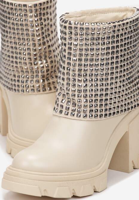 Beżowe Botki z Wywiniętą Cholewką Ozdobioną Cyrkoniami na Platformie i Słupku Felirok 5