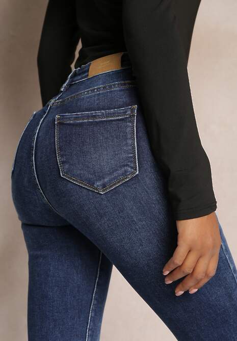 Granatowe Jeansy Skinny High Waist z Przetarciami Bavista 5