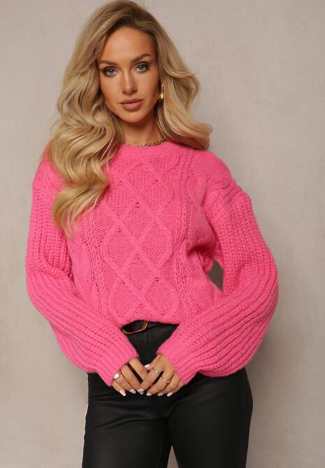 Pulover Fucsia Cu Maneca Lunga si Impletitura Decorativa Porafio 4