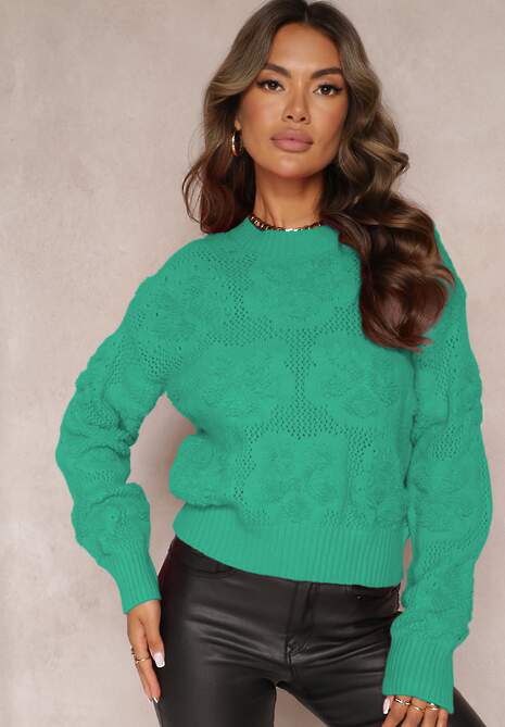 Zielony Sweter z Wełną i Bawełną z Pluszowymi Wstawkami Alrua