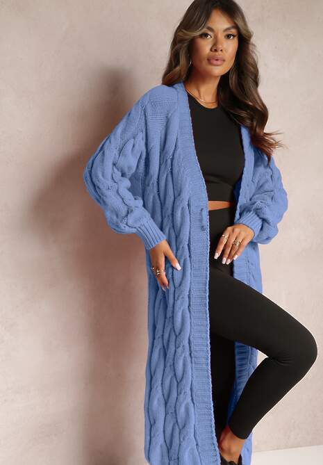 Bleumarin Cardigan Lung Fără Închidere Împletitură Decorativă Romillda