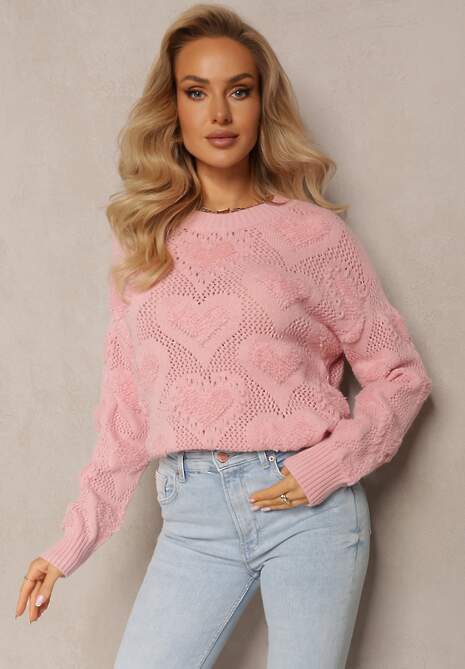 Pulover Roz Clasic cu Impletitura Inimioare si Mansete Elastice Miadove 4