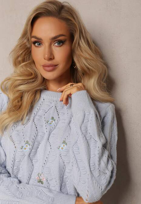 Bleumarin Pulover Clasic Cu Maneca Lunga si Flori Brodate Hadriela 5