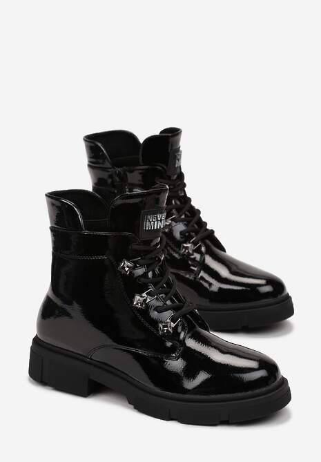 Czarne Płaskie Botki z Suwakiem i Sznurowaniem Ozdobione Cyrkoniami Veniwe 4