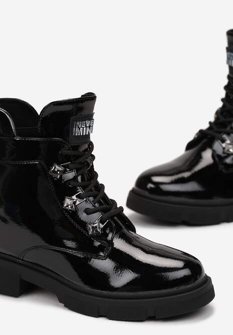 Czarne Płaskie Botki z Suwakiem i Sznurowaniem Ozdobione Cyrkoniami Veniwe 5