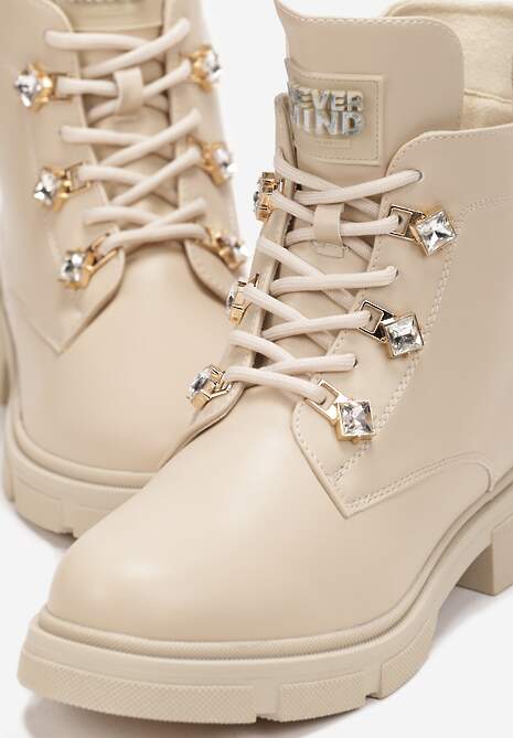 Beżowe Płaskie Botki z Suwakiem i Sznurowaniem Ozdobione Cyrkoniami Veniwe 5