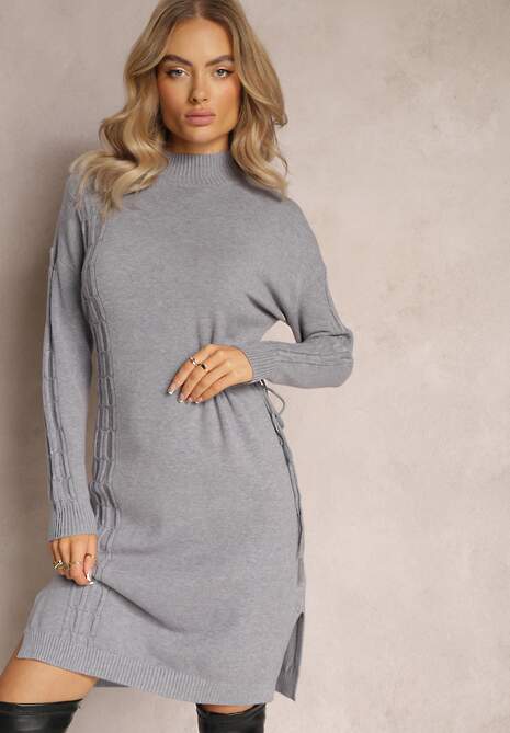 Rochie gri mini tip cutie cu șnur în talie și guler semigolf Agaira 4