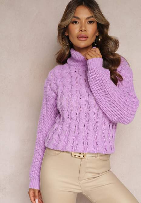 Golf Violet cu Mânecă Lungă în Împletitură Ornamentală Ciarul