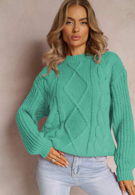 Zielony Klasyczny Sweter z Modnym Splotem Wykończony Ściągaczami Viala