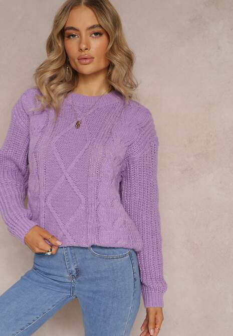 Fioletowy Klasyczny Sweter z Modnym Splotem Wykończony Ściągaczami Viala