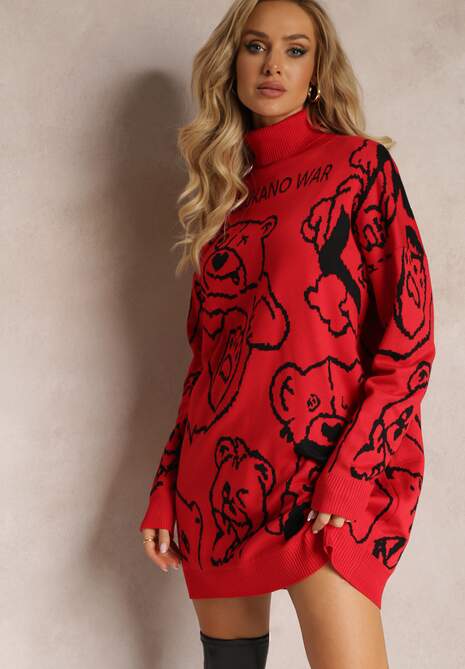 Czerwona Sukienka Sweter z Golfem i Nadrukiem Etelka