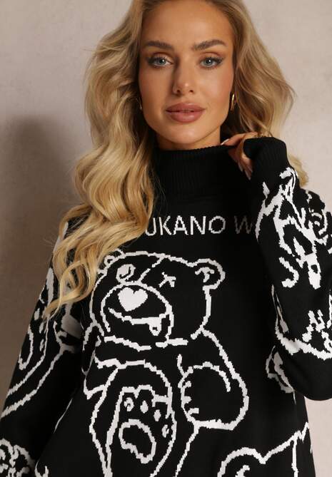 Czarna Sukienka Sweter z Golfem i Nadrukiem Etelka 5