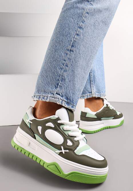 Biało-Zielone Sneakersy przed Kostkę na Grubej Podeszwie Anielle