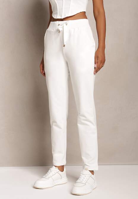 Pantaloni sport albi simpli cu bandă din satin în talie Alnureta 4