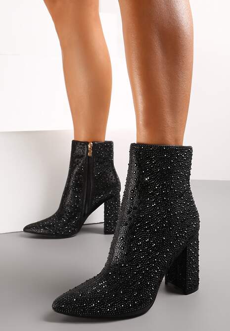 Botine Negre cu Fermoar cu Toc Până la Gleznă Decorate cu Pietre Strass Basiva